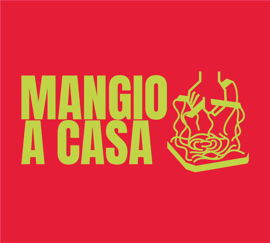 Logo von Mangio A Casa: limettengrüner Schriftzug auf Rot