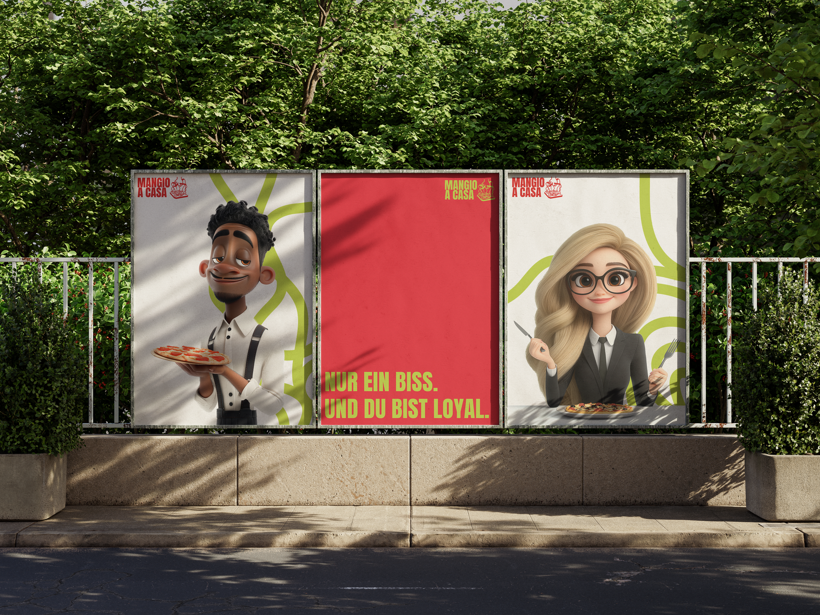 Mangio A Casa Plakatkampagne an einem Zaun im Freien