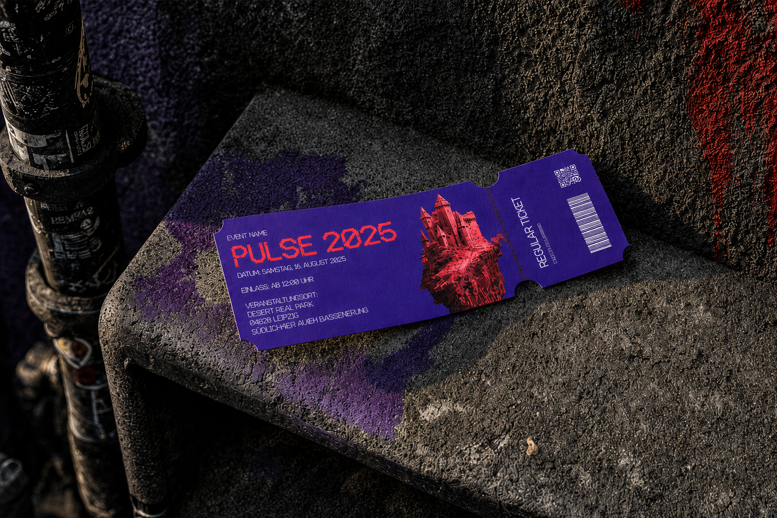 Pulse 2025 Ticket-Mockup auf einer Treppenstufe